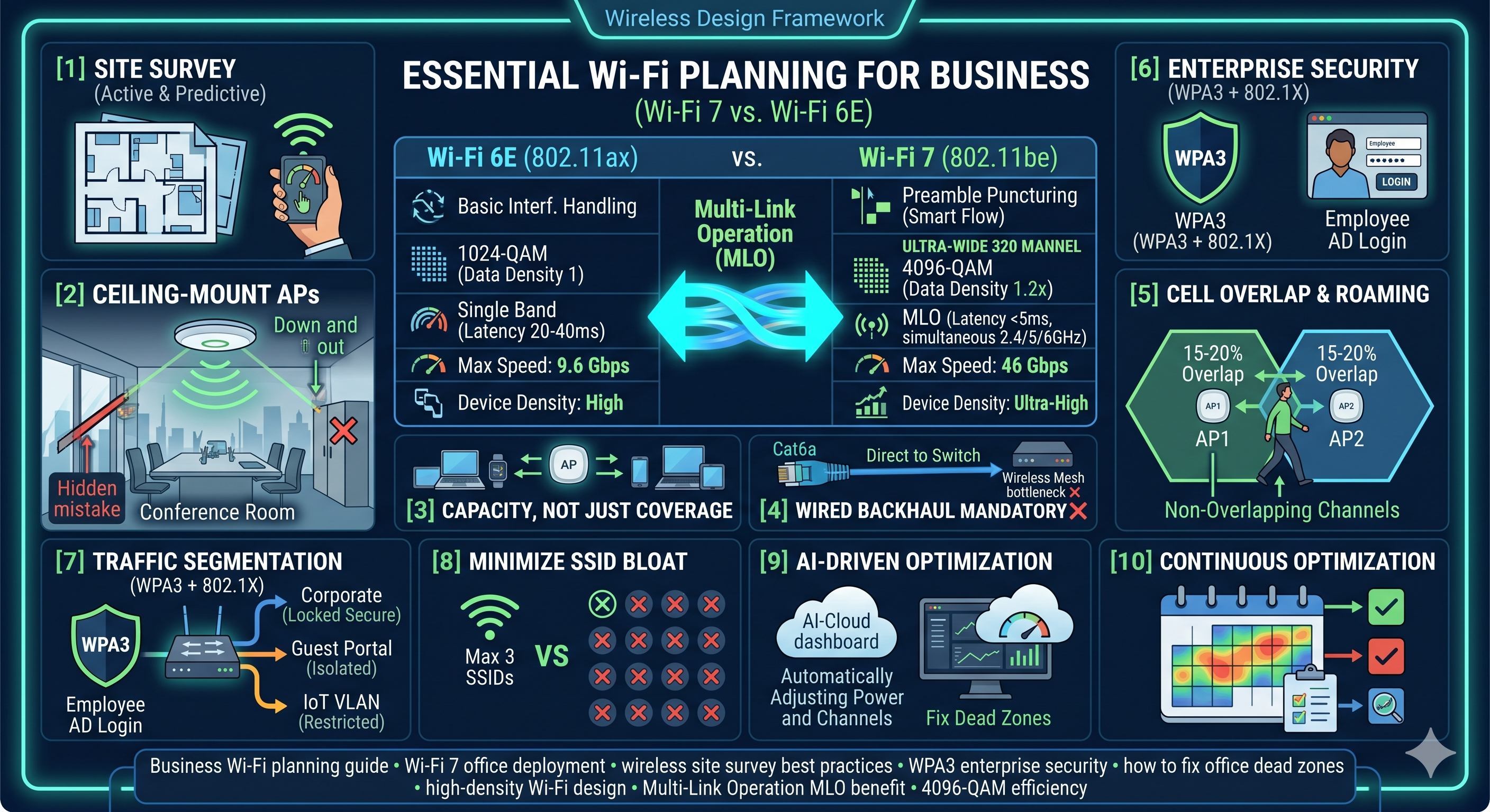 Wi-Fi 7 deployment with PoE+ switches, WPA3 enterprise authentication, and isolated IoT VLAN